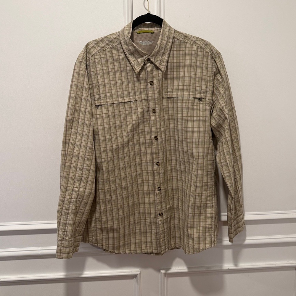 Royal Robbins Men's Size L Tan Plaid Long Sleeve Hiking Shirt COOLMAX